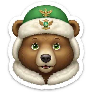 Cute Russian brown bear head with friendly expression and bright green eyes, wearing white furry ushanka hat with realistic double-headed eagle coat of arms centered sticker