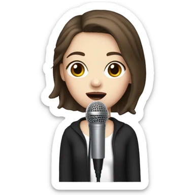 a girl with brown hair, hazel eyes, pale skin, dark lips, singing into a microphone sticker