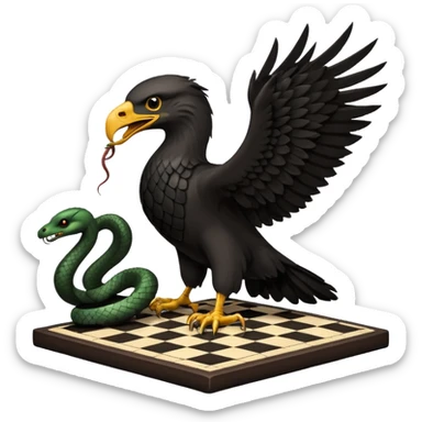 Águila negra de lado. Que se le vía un solo ojo. Con una serpiente enredada en sus patasen un gran cuadro de ajedres sticker