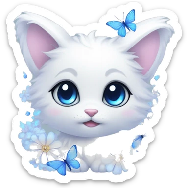 Edgy Cute Cool Kawaii gorgeous sparkly ethereal white fantasy animal with blue eyes sona with flowers and butterflies beautiful aesthetic sticker