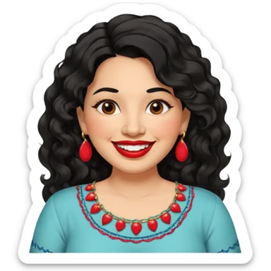 40 yr old Mexican woman, slightly chubby, wavy/curly long black hair, red lipstick, big smile, white teeth, brown eyes, hoop earings, side part to hair, round face, nice blouse, no wrinkle hair side swept, big hoop earing sticker