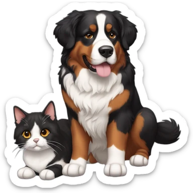 A Bernese dog next to A black and brown tortoiseshell cat with no white fur sticker