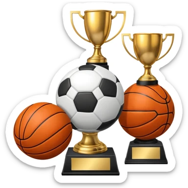 a basketball, soccer ball, volleyball, and a football all mixed with one trophy for a store logo sticker