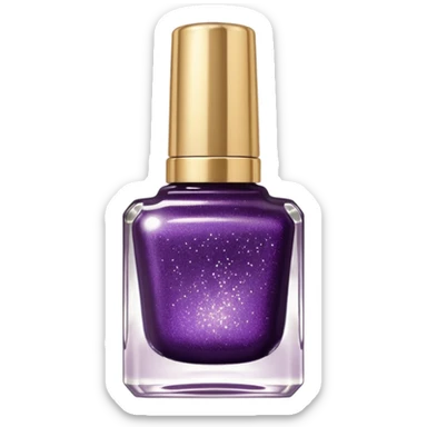 Ultra realistic, glitter dark plum color nail polish, translucent glass bottle, gold color top lid sticker