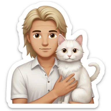 A young handsome Caucasian man in a white shirt holds a long-haired white cat sticker