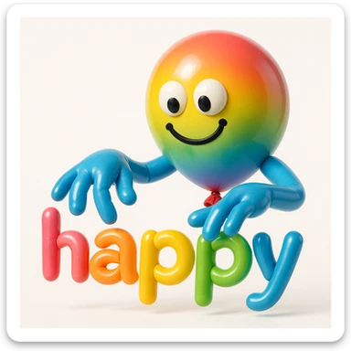 a playful and expressive balloon character typing the word 'happy', with visible text 'happy' sticker