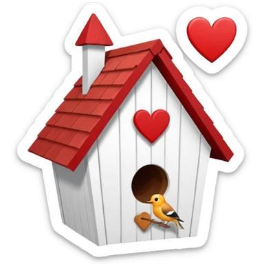 a birdhouse with a normal circular hole and a red roof with the rest white and a heart at the top but below the roof sticker