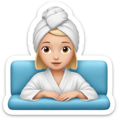 spa A contented and relaxed girl with a towel on her head in a white robe lies on a couch sticker