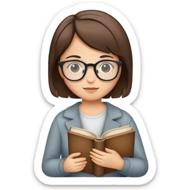 girl with short brown hair, wearing glasses and holding a book sticker