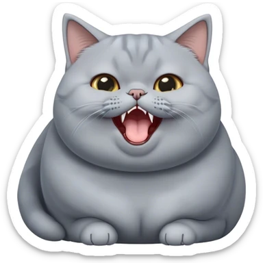 Cinematic Cute Chubby Grey British Shorthair Cat Portrait Emoji, Head tilted playfully and yawning, round and plump body with sleek soft grey fur and subtle blue undertones, Simplified yet adorable features, highly detailed, glowing with a warm, friendly glow, high shine, curious yet calm, stylized with a touch of whimsy, bright and endearing, soft glowing outline, capturing the essence of a mischievous yet loving and lazy kitty, so cute it feels like it could stretch out of the screen and cuddle! sticker