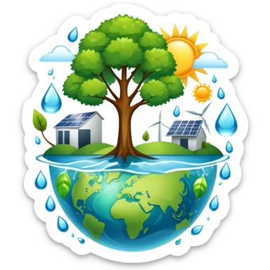 An icon featuring a green Earth, a tree, recycling symbols, and renewable energy sources like wind turbines, solar panels, and hydropower. The design includes animals, water droplets, and the sun, representing ecology, sustainable energy, and environmental protection. Transparent background. sticker