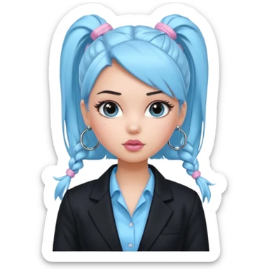 generate a pretty bratz girl wearing a light blue full sleeve shirt and a black blazer over it. silver small hoops, pink lipgloss. black hair tied up in a ponytail sticker