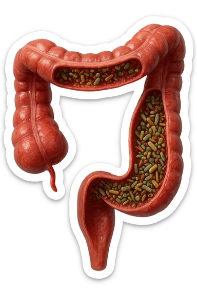 COLON DI UN INTESTINO UMANO ANATOMICO CON ALL'INTERNO PIENO DI BATTERI INTESTINALI, IPERREALISTICO 4K, NON DISEGNATO sticker