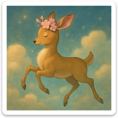 Enhance this feminine adult vanilla cloud doe with rosy cheeks and cherry flowers, floating gracefully in a dreamy Ghibli-Pixar style. Make the colors richer, the lines softer, and the cherry flowers more detailed. Add a touch of magical glow and elegance, keeping the overall look whimsical and refined. sticker