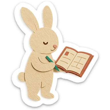flawless, highly detailed, high quality paper craft style illustration of a cream-colored bunny standing and writing in a planner, perfect proportions, no imperfections, intricate textures, soft lighting, delicate cut-paper details sticker
