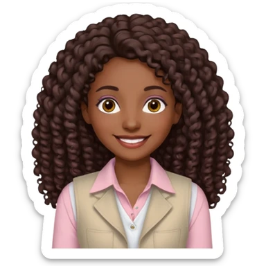 mujer morena, pelo rizado largo, sonriendo, con ojos grandes y marrones con camisa rosa palo y un chaleco blanco sticker