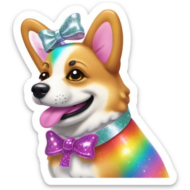 Lisa frank rainbow glitter corgi with ribbon bow on head sticker