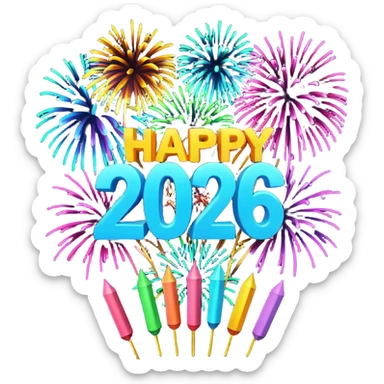 "Happy New Year 2026" in backdrop of colourful fireworks in 3d outline sticker