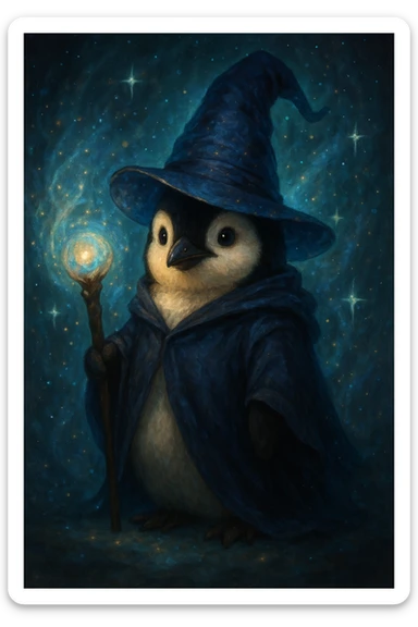 penguin wizard, fantasy, magical, staff, hat sticker