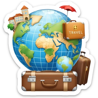 An icon featuring a suitcase, a hotel building, and a globe, symbolizing tourism and hospitality. The design includes a map with a marked destination and a key, representing travel and accommodation. Transparent background highlights the exploration and services of the hospitality industry. sticker