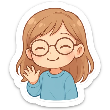 chibi sticker of a 10 year old girl with light brown hair, wearing glasses, smiling in a friendly way, no text sticker