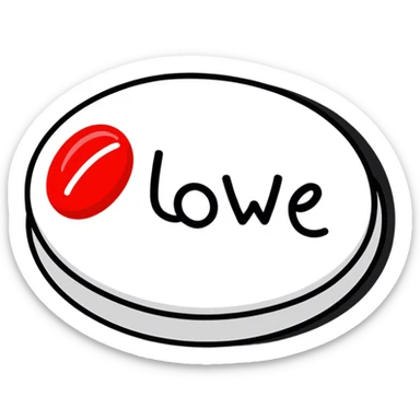 A thread stitched oval shaped pill, red and white with the saying Love Pill on it  sticker