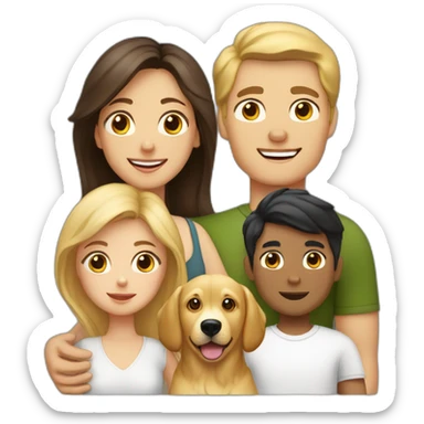 white family of mom with blonde hair, dad with dark hair, 1 boy child with blonde hair, 1 girl child with dark hair, 1 boy child with dark hair, and 2 golden retrievers sticker