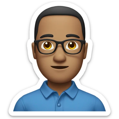Emoji of a man with glasses, no beard, black hair, white skin and a thick build, wearing a blue polo shirt sticker