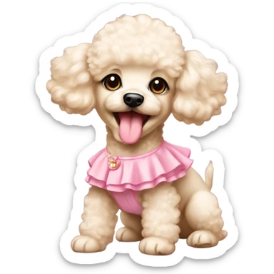 Cream colored baby poodle in pink dress sticking out tongue  sticker