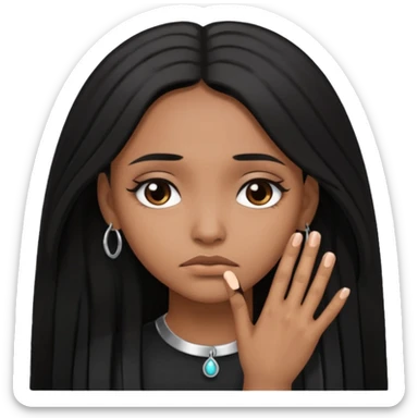 Brown girl long hair sad face and no jewelry just a ring on her hand  sticker