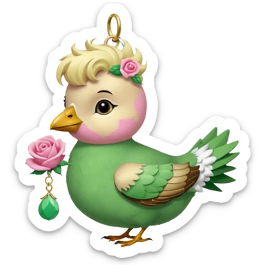 un oiseau classique vert avec un collier avec des breloque argentées et un poil blond qui fait une petite bouclette sur le front et à côté un oiseau rose avec le même collier mais en doré et un cheveu marron et les deux se regardent sticker