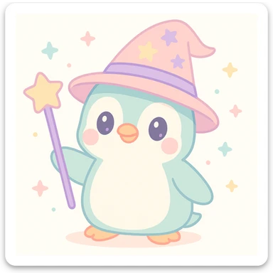 cute penguin wizard wearing a magical hat and holding a staff, fantasy style sticker