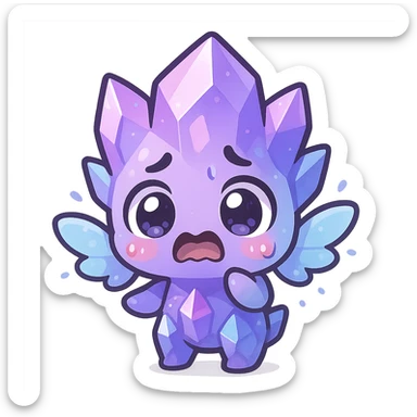 kawaii chibi style crystal sprite creature, purple, blue, and pink, with tiny magical wings, scared expression, wide eyes sticker