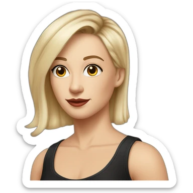 white woman in forties tattooed shaved brown hair left side very short blonde hair side eyes hazel nose trumpet in black tank top sticker