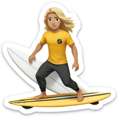 Man Surfer surfing with long blond hair, yellow t-shirt with black Nike logo in center of chest, black baggy sweatpants. On a yellow and white board sticker