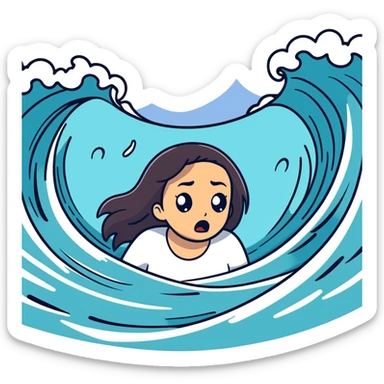 a medium tone woman with straight hair being scared from drowning in a tsunami  sticker