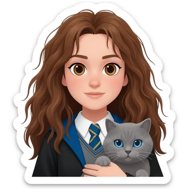 ravenclaw girl student with long brown messy hair and brown eyes, holding a gray cat with blue eyes sticker