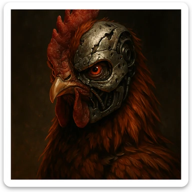 a chicken wearing a half-destroyed Terminator mask, showing both feathers and metal, looking fierce sticker