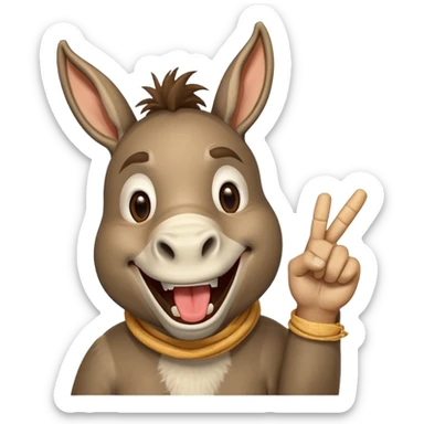A donkey with a piece of straw in their mouth laughing hysterically while pointing up the middle finger sticker