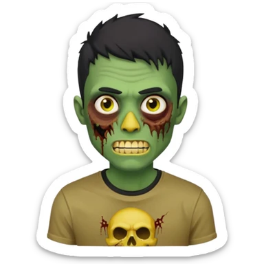 I want you to give me a zombie man and his skin its green who has golden teeth, yellow eyes, eyebrows and black hair, the hair I want to be a medium modcut cut and is wearing a brown affliction T-shirt and the style being like a memoji from iphone sticker