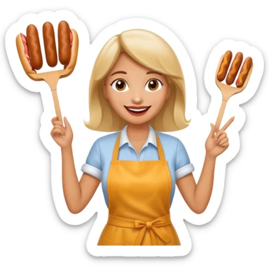 A cheerful woman selling hotdogs, waving a tongs in one hand. sticker