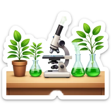 FA 3D cartoon science lab table with test tubes, microscope, and a small potted plant, green leaves under bright light, clean background, realistic Memoji-style rendering. sticker