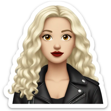 White girl, with long curly black hair, with red lipstick, black winged eyeliner, wearing black shirt and black leather jacket sticker