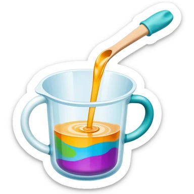 Epoxy resin icon, resin pouring over a surface, visible measuring cups, stirring sticks, and protective gloves, colorful patterns or designs forming as resin hardens, minimalistic style, clean lines, transparent background. sticker