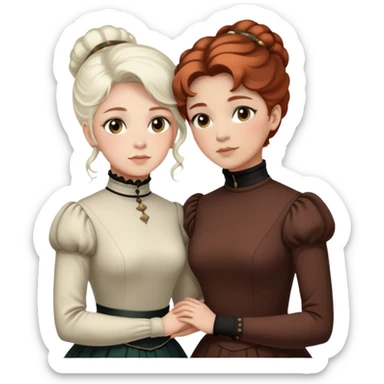 Two Victorian women with light eyes, one with white coiffed hair and one with dark copper coiffed hair, wearing Victorian turtleneck dresses with their arms tightly around each other sticker
