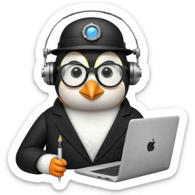 an engineer penguin writing code on a laptop sticker