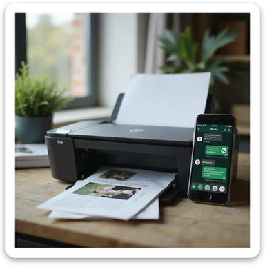 realistic thumbnail image for a WhatsApp print out service, featuring a printer outputting a mix of printed photos and documents, with a smartphone nearby showing WhatsApp chat bubbles and file icons for images and documents sticker
