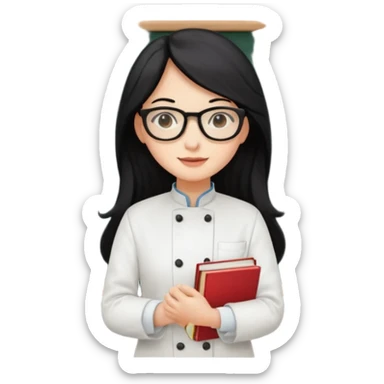 Profesora de pastelería, piel blanca con gafas y pelo negro largo y con una pizarra detrás y libros sticker