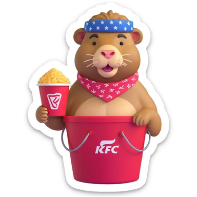 Muscular capybara with Johnny Depp features, goatee, bandana, earrings, sitting in a KFC bucket sticker