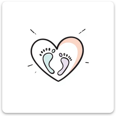 Simple, tasteful maternal symbol with a heart and tiny baby footprints. Hand-drawn doodle style using pastel colors (pink, light blue, lavender, peach). Gentle design representing motherhood and pregnancy. Sweet illustration with soft, nurturing elements. sticker